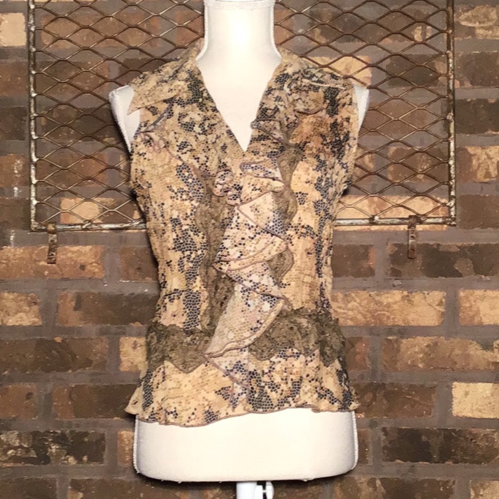 Alison Taylor sheer sleeveless blouse lace tan S